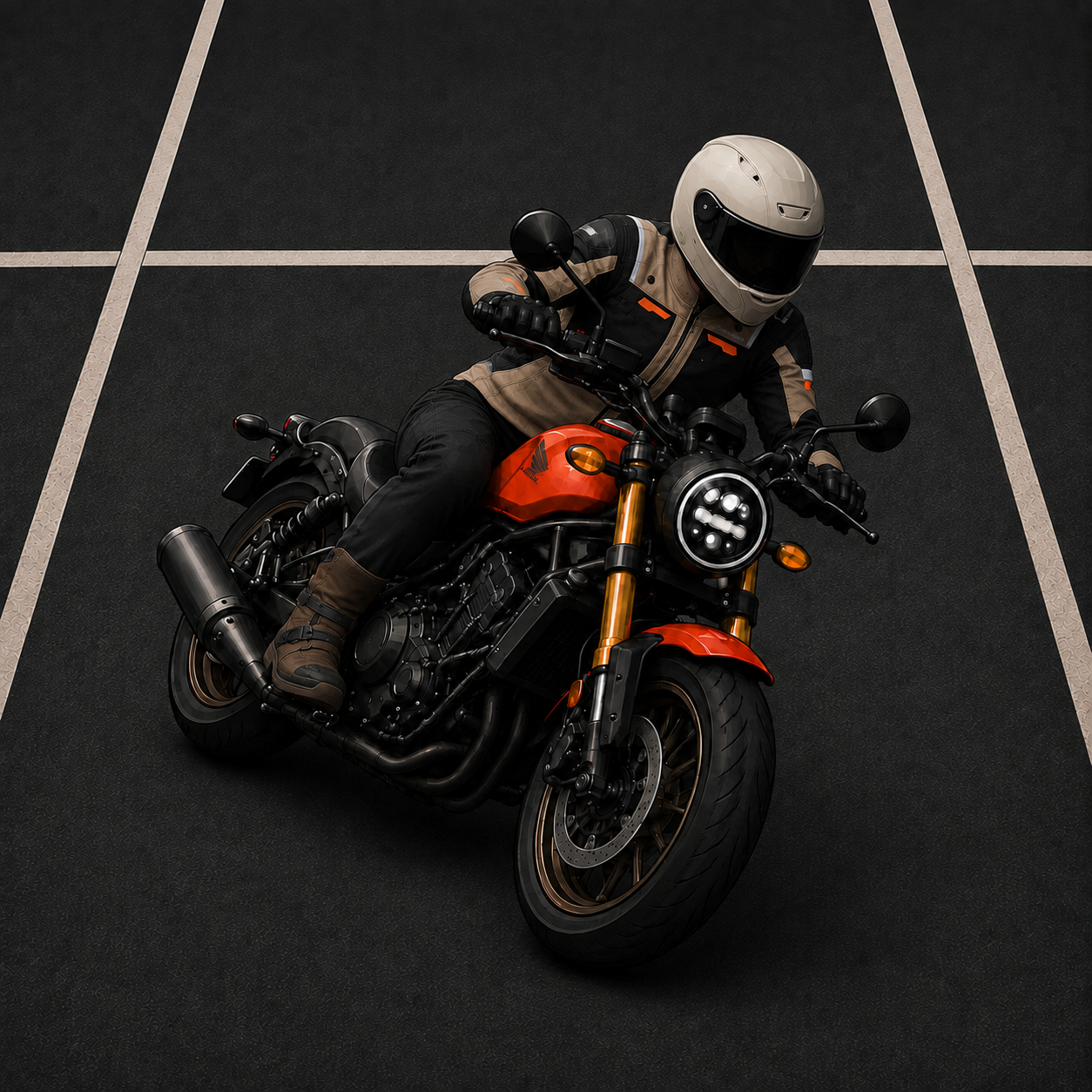 A rider leaning a motorcycle through a turn across the painted stall lines of an empty parking lot.